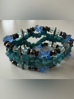 Blue Turquoise Memory Wire Wrap Bracelet Hematite Beaded Boho